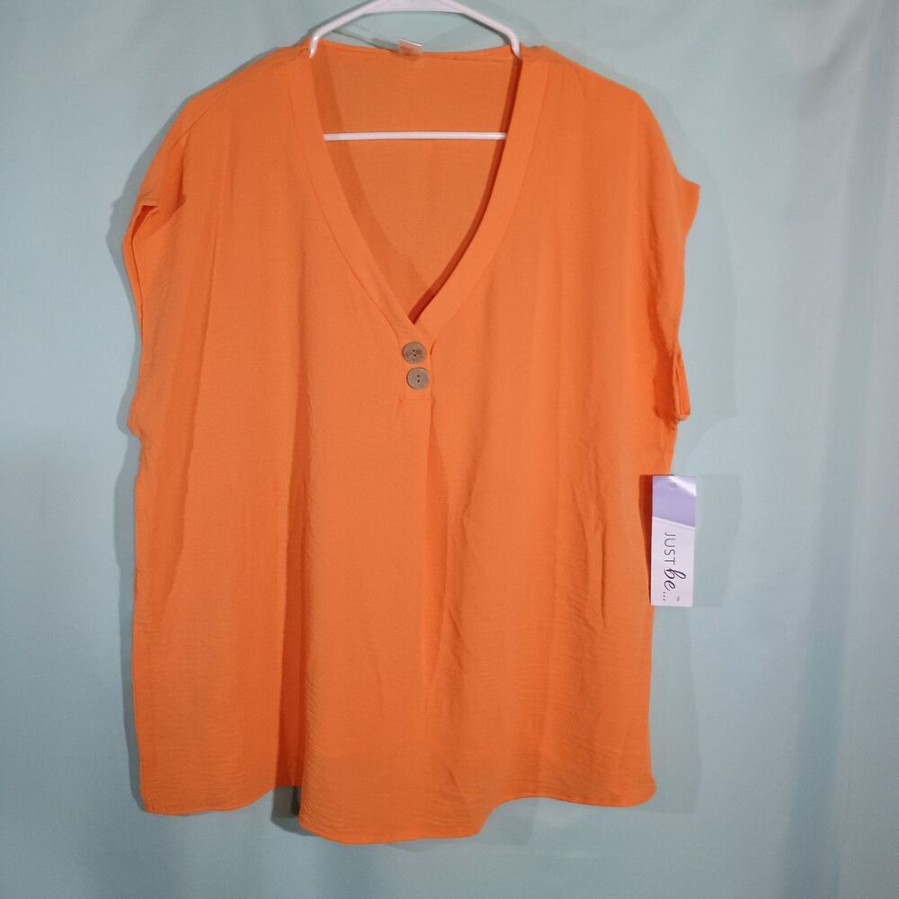 Women’s Orange V-Neck Blouse – Short Sleeve Button Front Lightweight Casual Top
